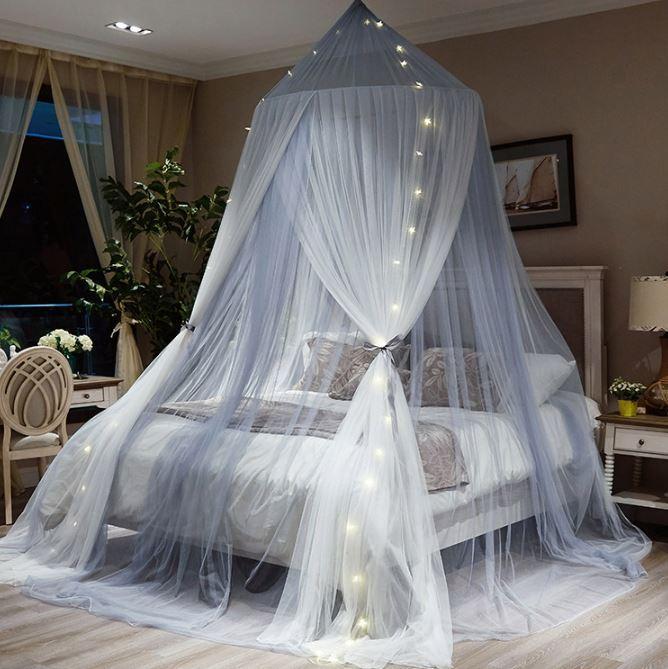 Three Door Romantic Round Dome Double Ruffles Bed Canopy With Light Bulb - Nordic Side - 