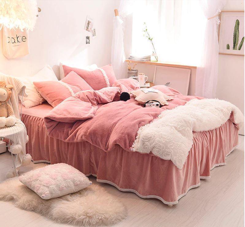 3D Rose Lace Velvet Soft Bedding Set - Nordic Side - 