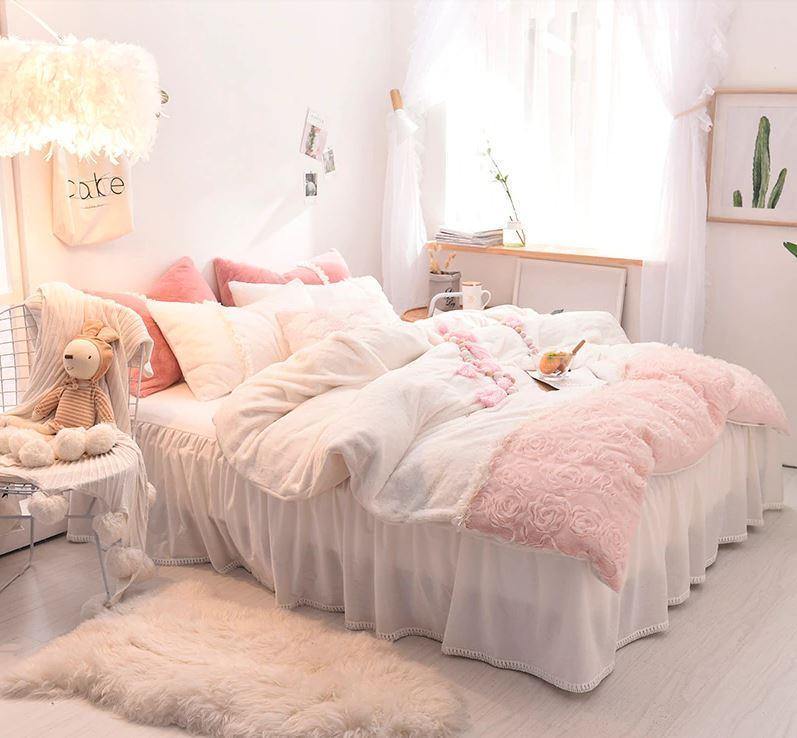 3D Rose Lace Velvet Soft Bedding Set - Nordic Side - 