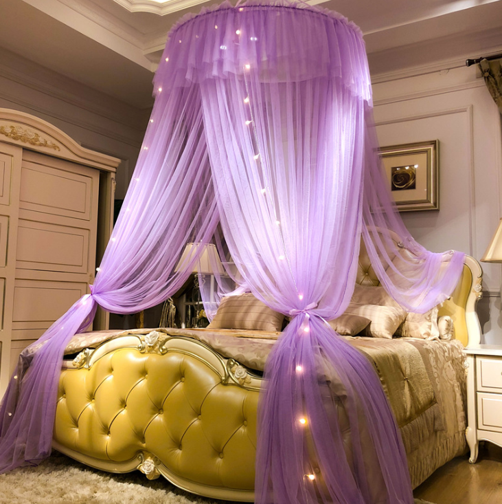 Three Door Romantic Round Dome Double Ruffles Bed Canopy With Light Bulb - Nordic Side - 