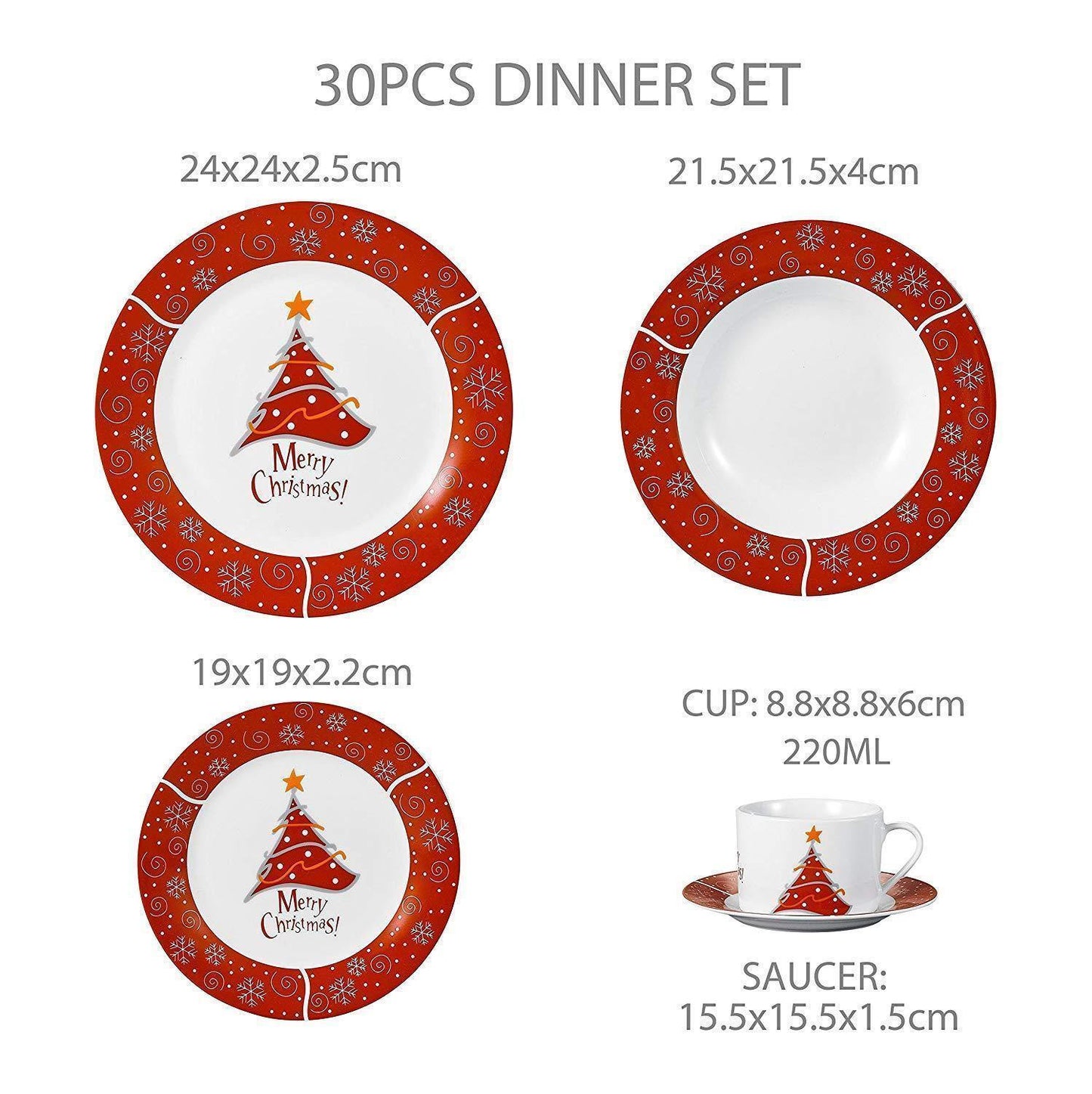 30-Piece Christmas Pattern Porcelain Dinnerware Set - Nordic Side - 30, Christmas, CupSaucerDessert, Dinnerware, Pattern, Piece, Plate, PlateDinner, PlateSoup, Porcelain, Set, Tableware, VEWE