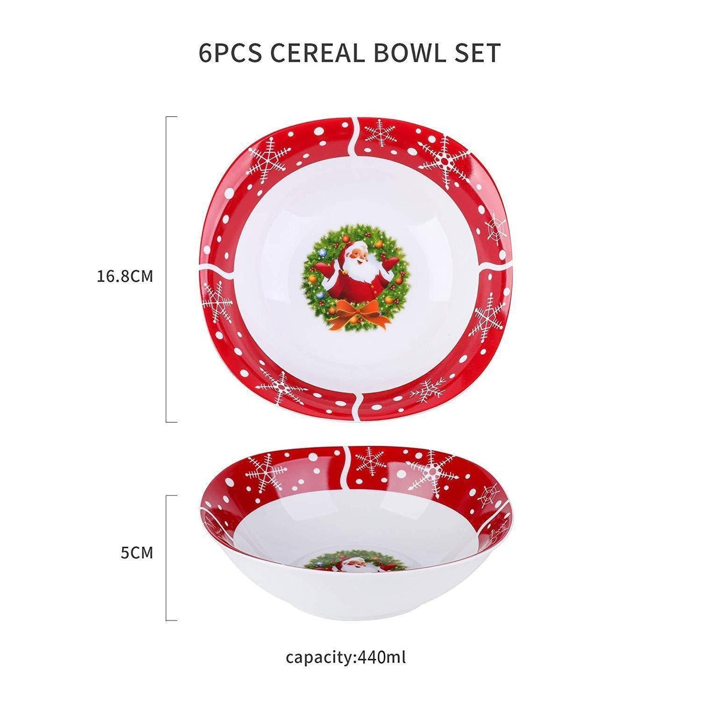 SANTA CLAUS 440 ml 6-Piece Porcelain Cereal Bowls Set - Nordic Side - 440, Bowls, Breakfast, Cereal, CerealSaladFruitRiceDessert, Christmas, Kitchen, ml, Piece, Porcelain, SANTACLAUS, Set, VE