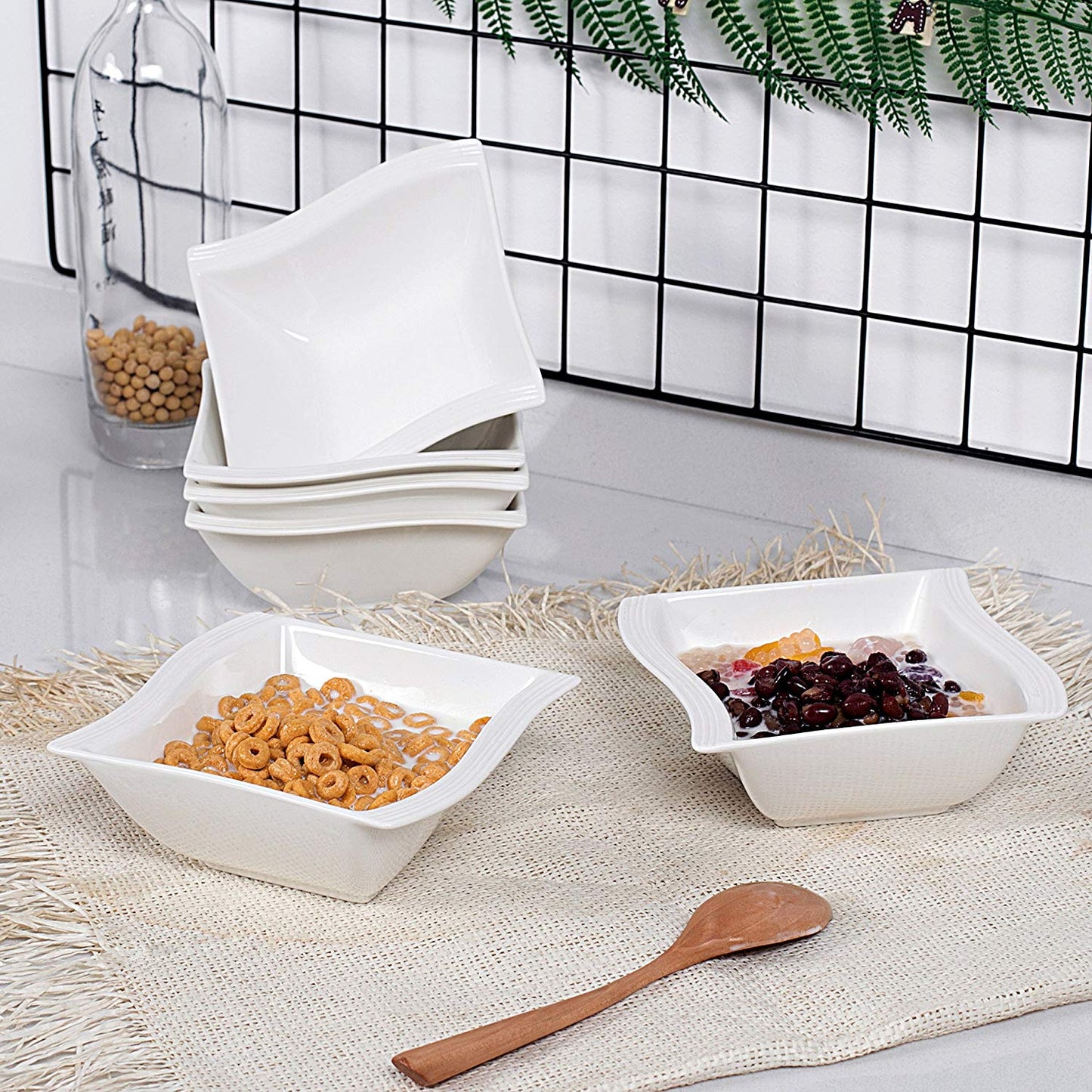 6-pieces 12 Ounce White Porcelain Square Soup Bowls - Nordic Side - 12, Bowl, Bowls, Breakfast, Cereal, Dinner, Dinnerware, Household, MALACASA, Oatmeal, Ounce, pieces, Porcelain, Sets, Soup,