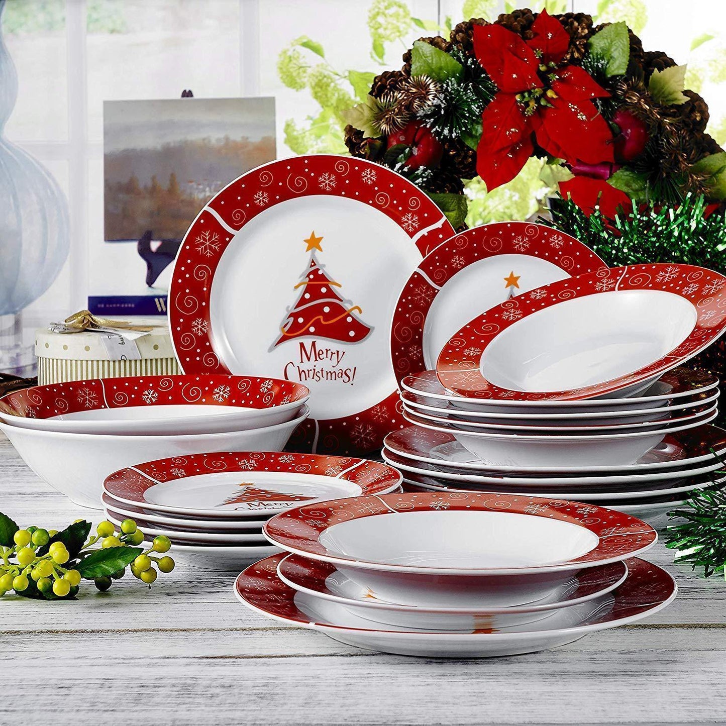 20-Piece Christmas Porcelain Dinnerware Set - Nordic Side - 20, and, Bowl, Ceramic, Cereal, Christmas, Dessert, Dinnerware, Piece, Plate, PlateDinner, PlateSoup, Porcelain, Set, with