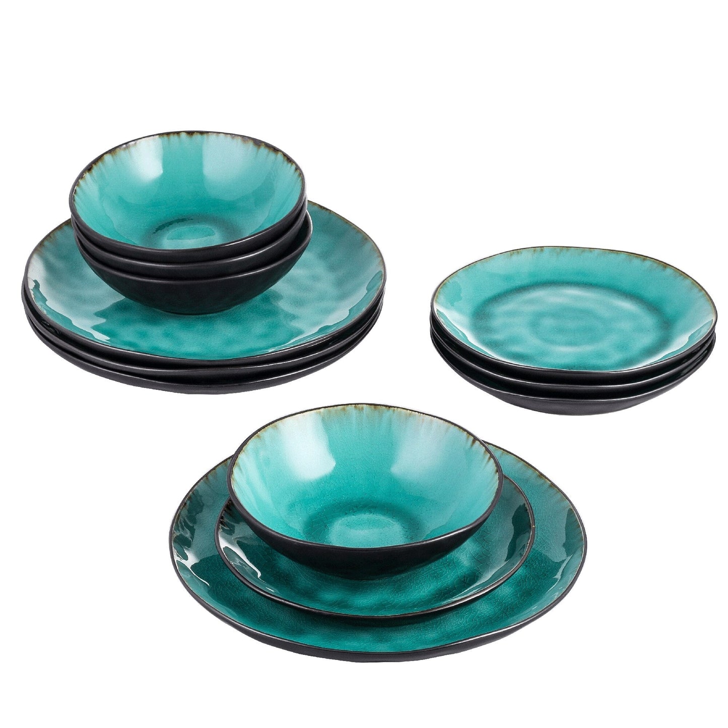 Bonita 12-Piece Pottery Stoneware Vintage Look Ceramic Green Dinnerware Set - Nordic Side - 12, Aqua, Ceramic, Dinner, Dinnerware, Green, Look, Piece, PlateBowl, PlateDessert, Pottery, Set, S