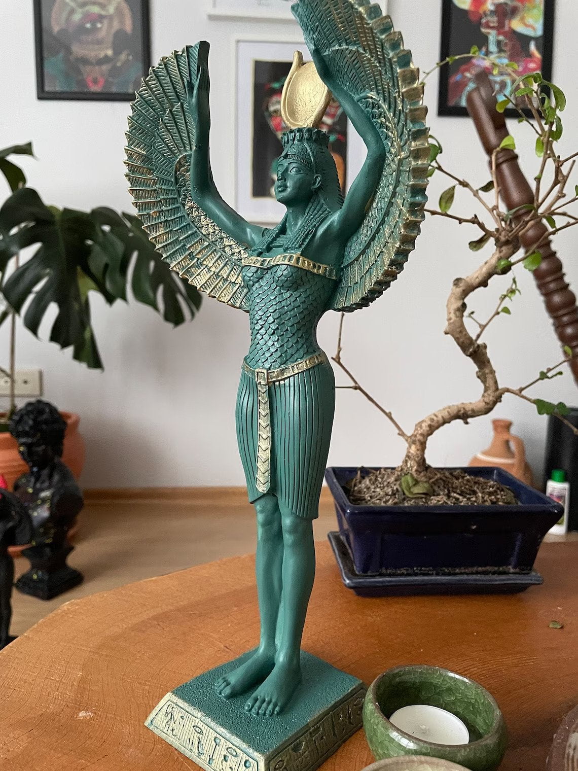 Green & Gold Isis Open Wings Sculpture