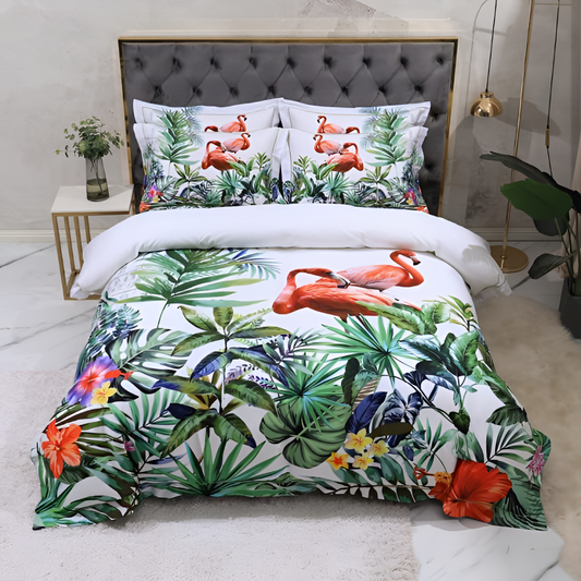 Flamingo & Leaves Duvet Cover Set | Bedding | NordicAbode.com