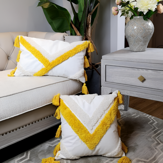 Boho Yellow Stripe Embroidery Cushion | Cushions | NordicAbode.com