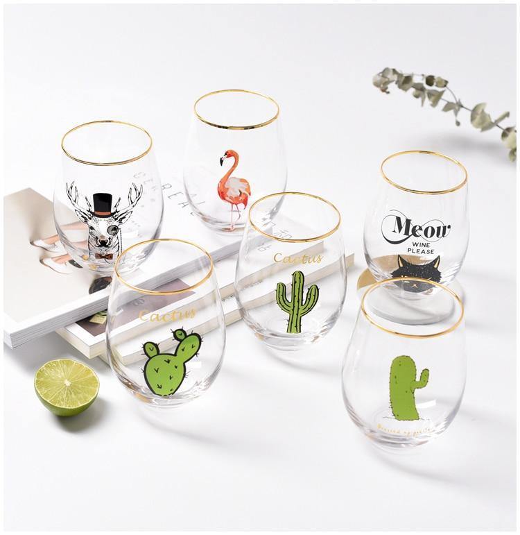 2pcs/lot Creative Flamingo Cactus Cat Printed Glod Glass Cup Crystal Water Wine Beer Drinking Glass - Nordic Side - 