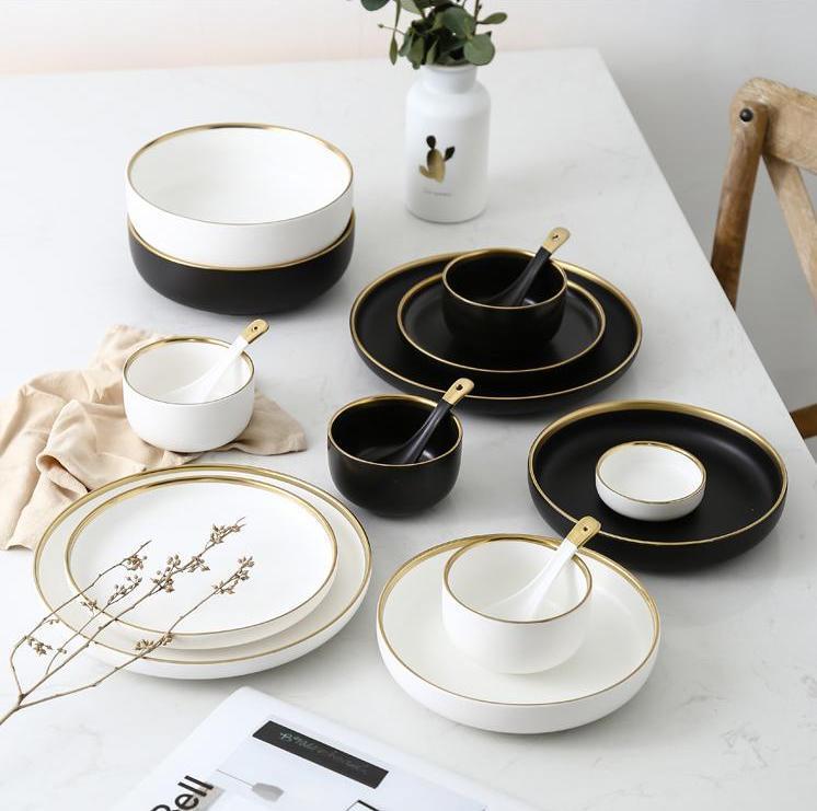 Black & White Ceramic Dinnerware with Gold Rim - Nordic Side - 