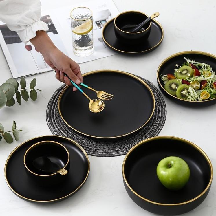 Black & White Ceramic Dinnerware with Gold Rim - Nordic Side - 