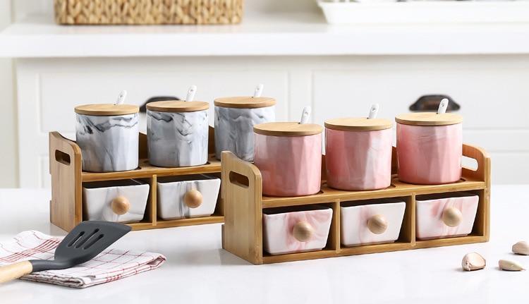 Marble Ceramic Spice Jar with Drawer - Nordic Side - 