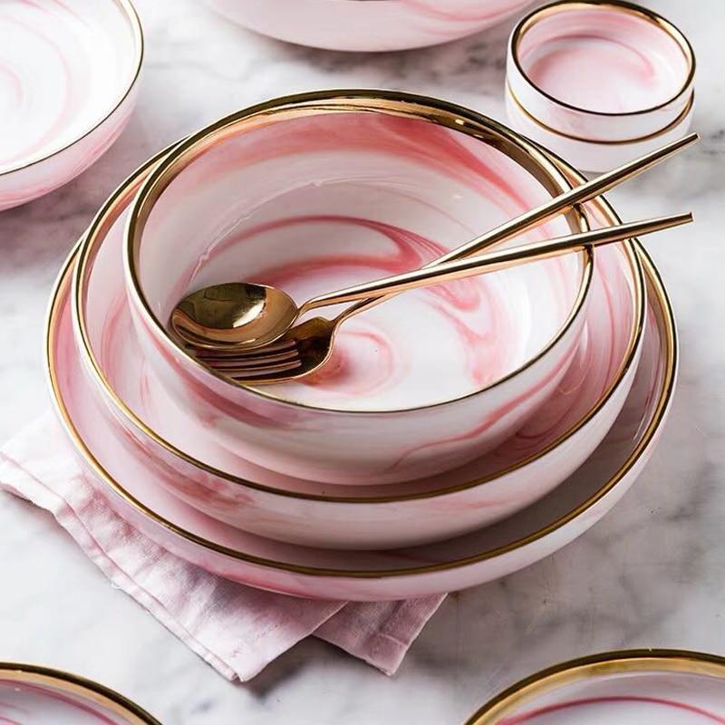 Pink Marble with Gold Rim Dinnerware - Nordic Side - 