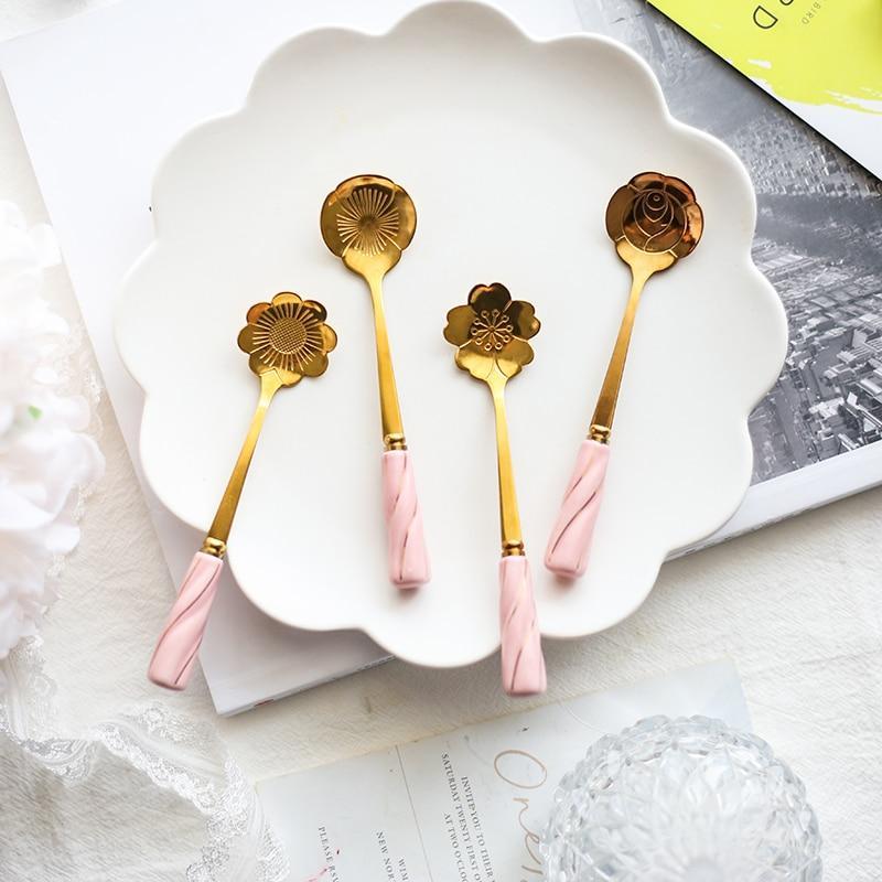 4pcs Set Stainless Steel Luxury Gift Porcelain Coffee Stirring Spoon Gold Color Teaspoon Dessert Spoon Ice Cream Cutlery - Nordic Side - 