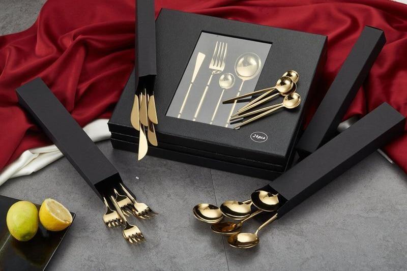 24pcs KuBac Hommi Luxury Golden Shiny Stainless Steel Steak Knife Fork Set Smooth Gold Cutlery Set With Luxury Gift Box - Nordic Side - 