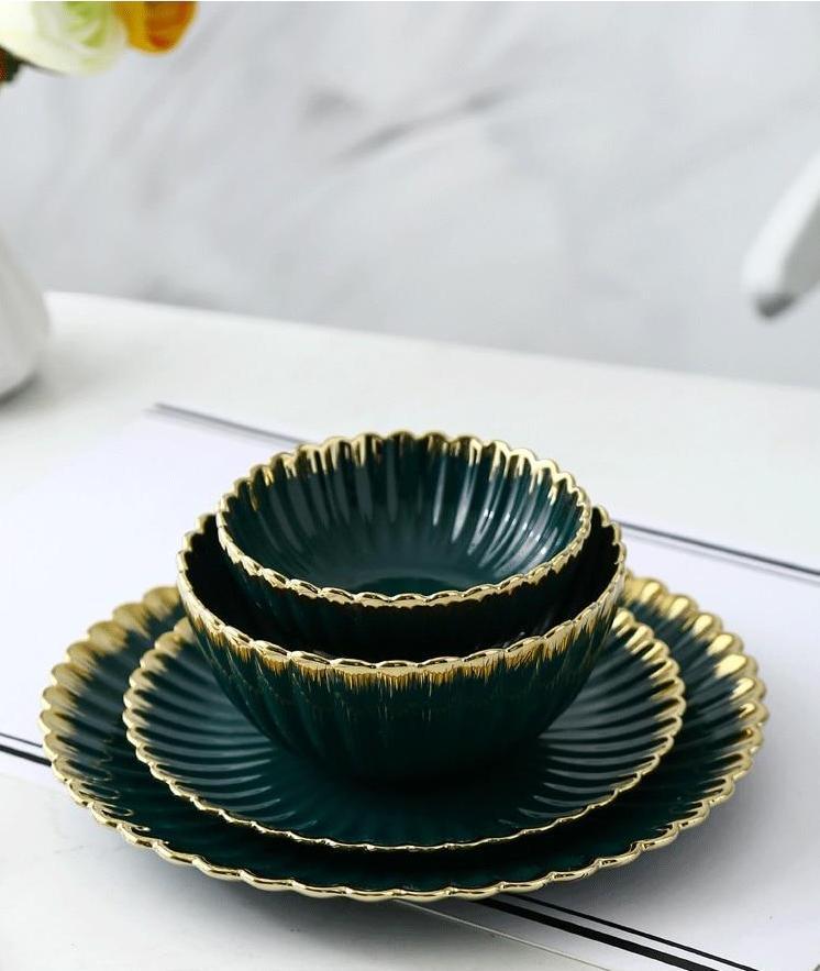 Green with Gold Rim Dinnerware - Nordic Side - 